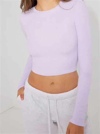 FashionSierra - Casual Basic Exposed Navel Top for Women Long Sleeve O-neck Slim Fit Solid Color Streetwear Tee