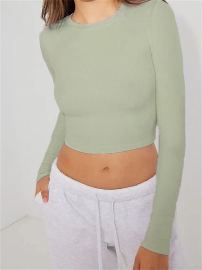 FashionSierra - Casual Basic Exposed Navel Top for Women Long Sleeve O-neck Slim Fit Solid Color Streetwear Tee