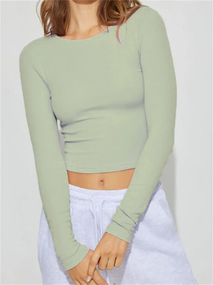 FashionSierra - Casual Basic Exposed Navel Top for Women Long Sleeve O-neck Slim Fit Solid Color Streetwear Tee