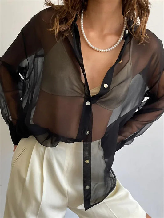 Mesh See Through Women's Lapel Button-Down Tops Spring Autumn Solid Casual Blouse