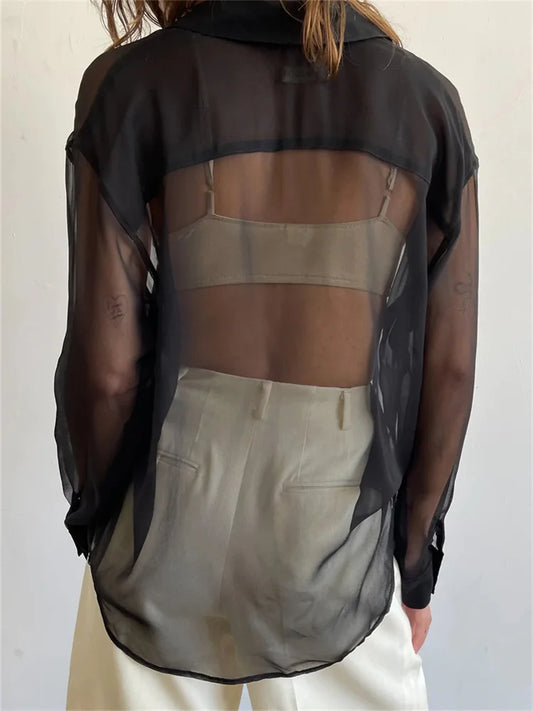 Mesh See Through Women's Lapel Button-Down Tops Spring Autumn Solid Casual Blouse