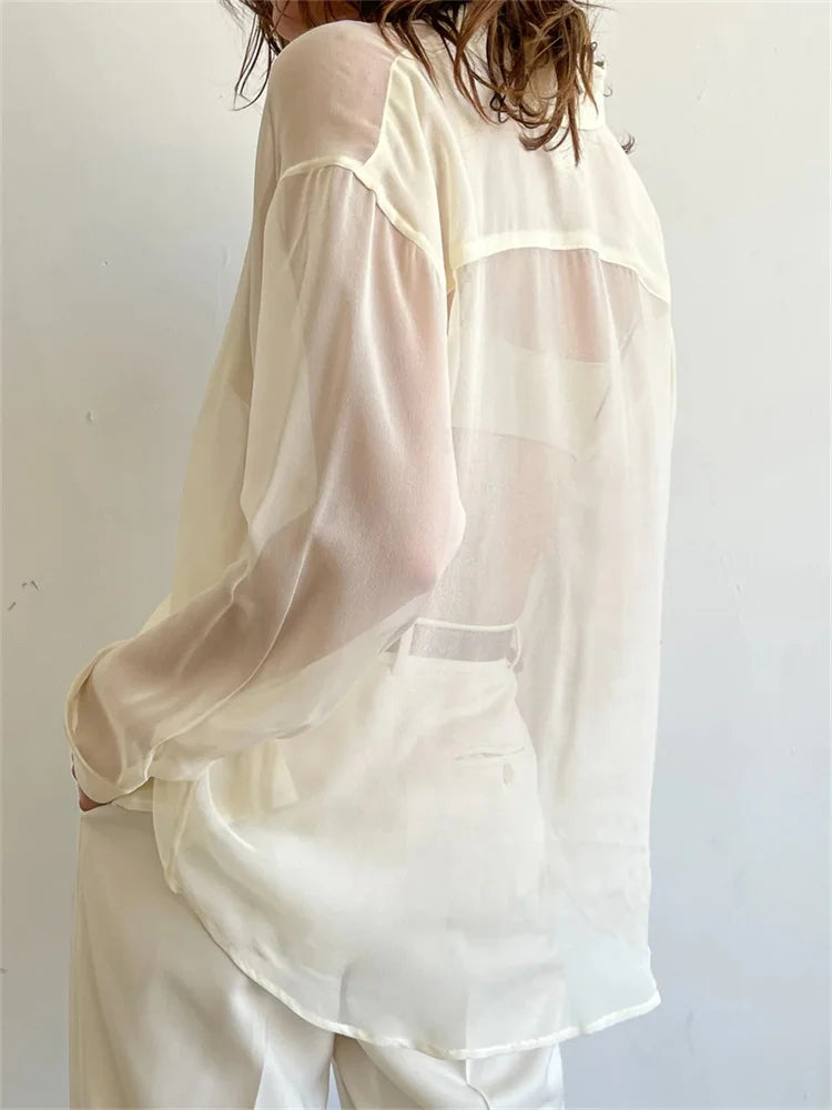 Mesh See Through Women's Lapel Button-Down Tops Spring Autumn Solid Casual Blouse