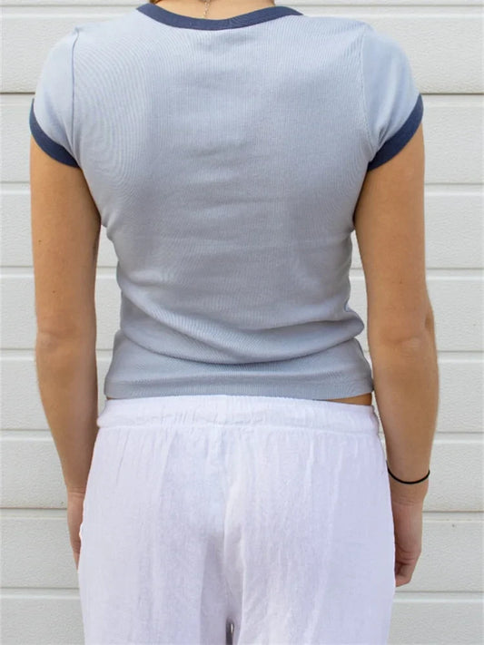 Color Patchwork Summer Streetwear Oneck Basic T-shirts