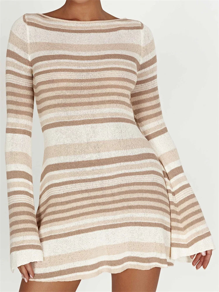 FashionSierra - Elegant Fall Long Flare Sleeve Tie-up Mini Dress