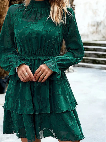 FashionSierra - Elegant High Waist Lace Floral Mesh Long Sleeve Mini Dres