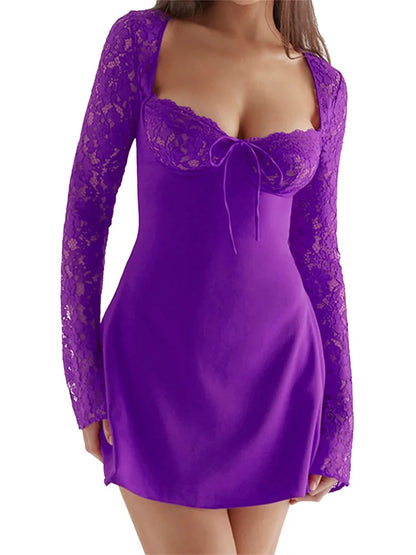 FashionSierra -Elegant Lace Floral Long Sleeve Mini Dress