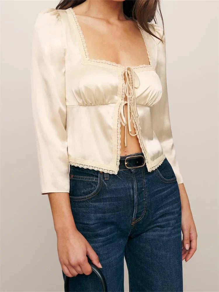 FashionSierra - Elegant Long Sleeve Square Neck Lace Trim Tie Up Cardigans Party Club Streetwear Tee