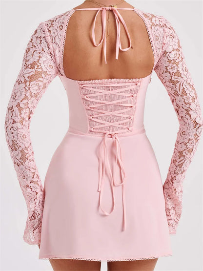 FashionSierra - Cocktail Lace Patchwork Low-cut Tie-up Mini Dress