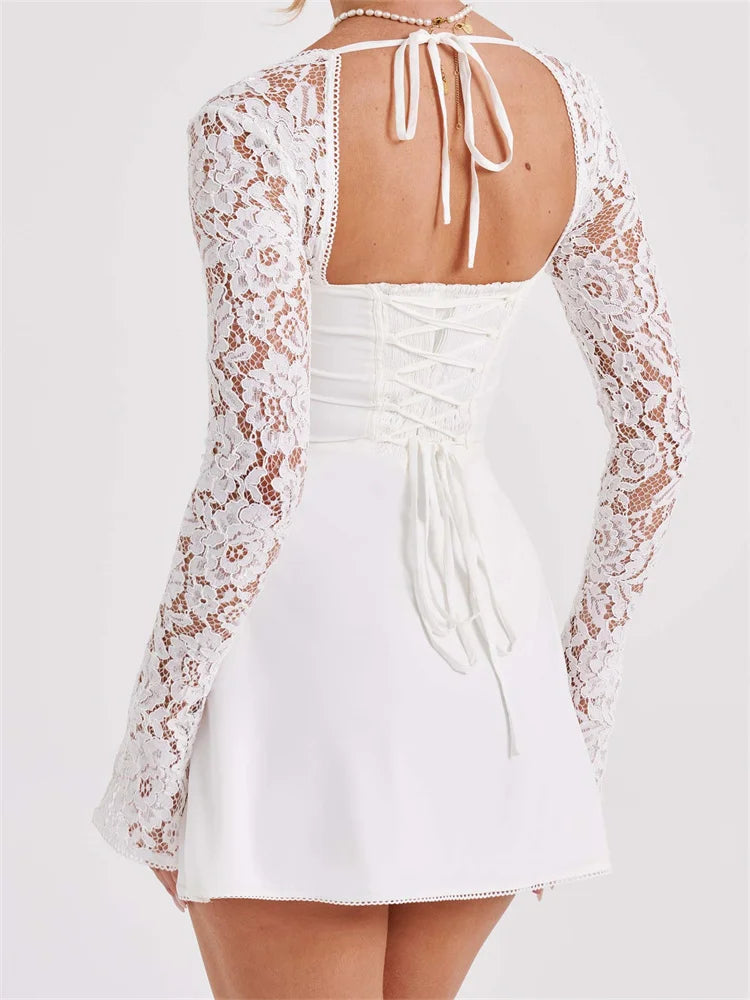 FashionSierra - Cocktail Lace Patchwork Low-cut Tie-up Mini Dress