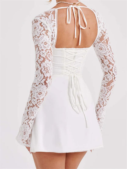 FashionSierra - Cocktail Lace Patchwork Low-cut Tie-up Mini Dress