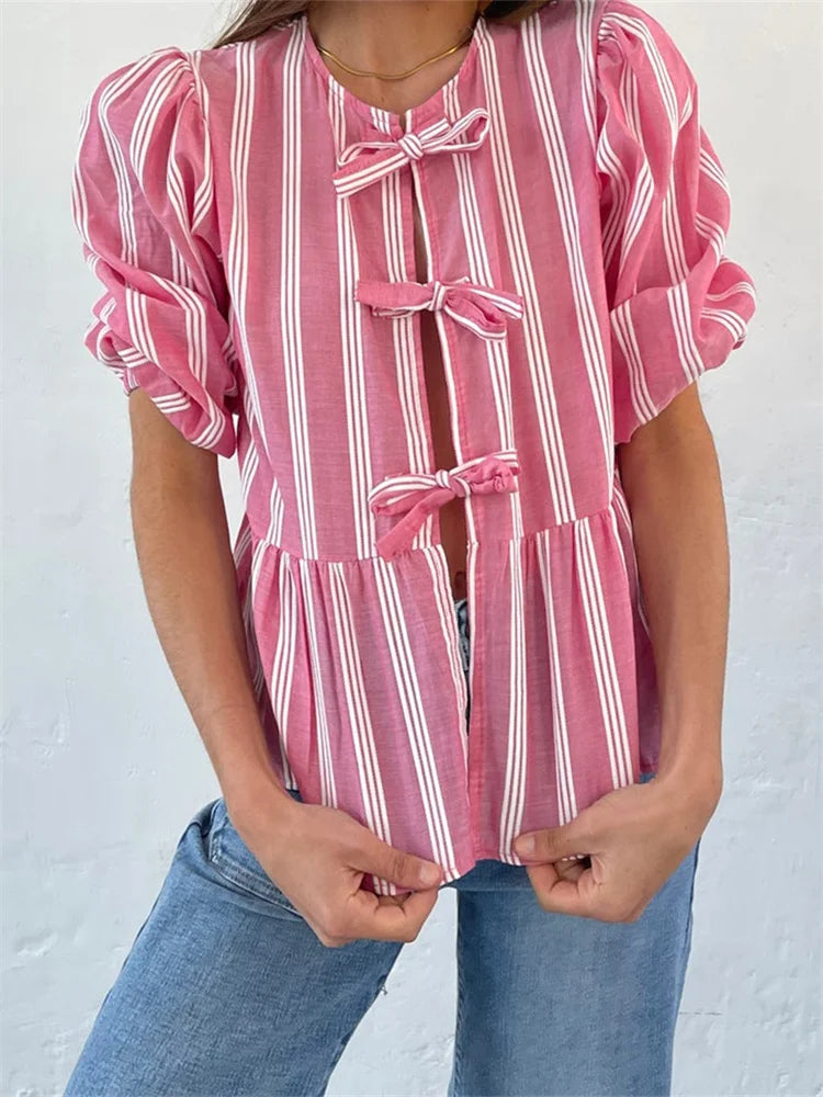 Fashion Women's Casual Short Sleeve O Neck Solid Color/Striped Streetwear Blouse
