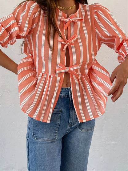 Fashion Women's Casual Short Sleeve O Neck Solid Color/Striped Streetwear Blouse