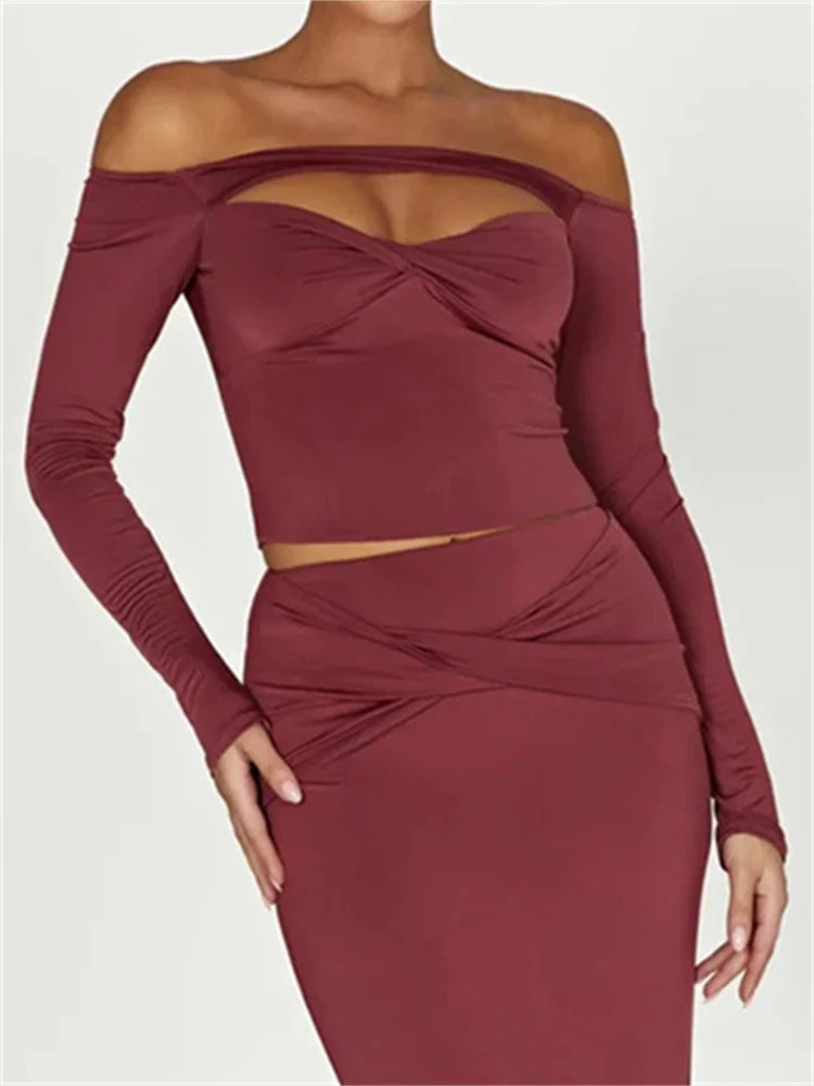 FashionSierra - Front Cutout Sexy Long Sleeve Streetwear Slash Neck Off Shoulder Bodycon Solid Tee