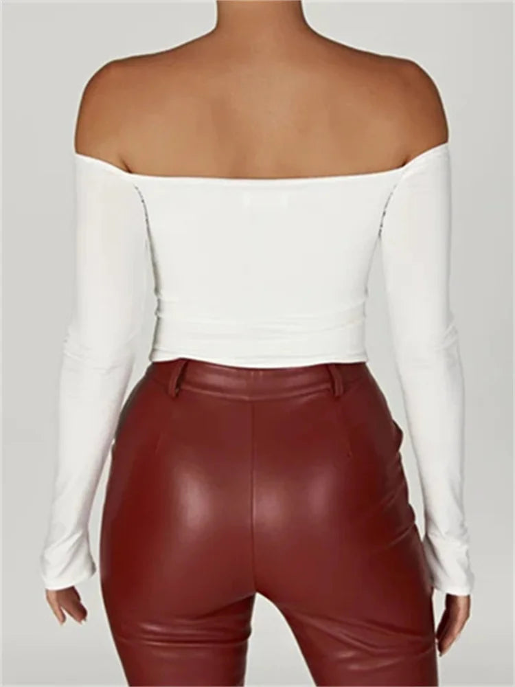 FashionSierra - Front Cutout Sexy Long Sleeve Streetwear Slash Neck Off Shoulder Bodycon Solid Tee