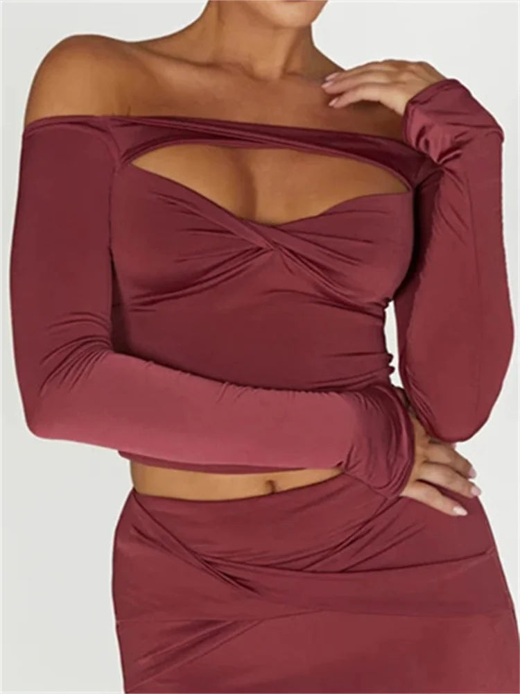 FashionSierra - Front Cutout Sexy Long Sleeve Streetwear Slash Neck Off Shoulder Bodycon Solid Tee
