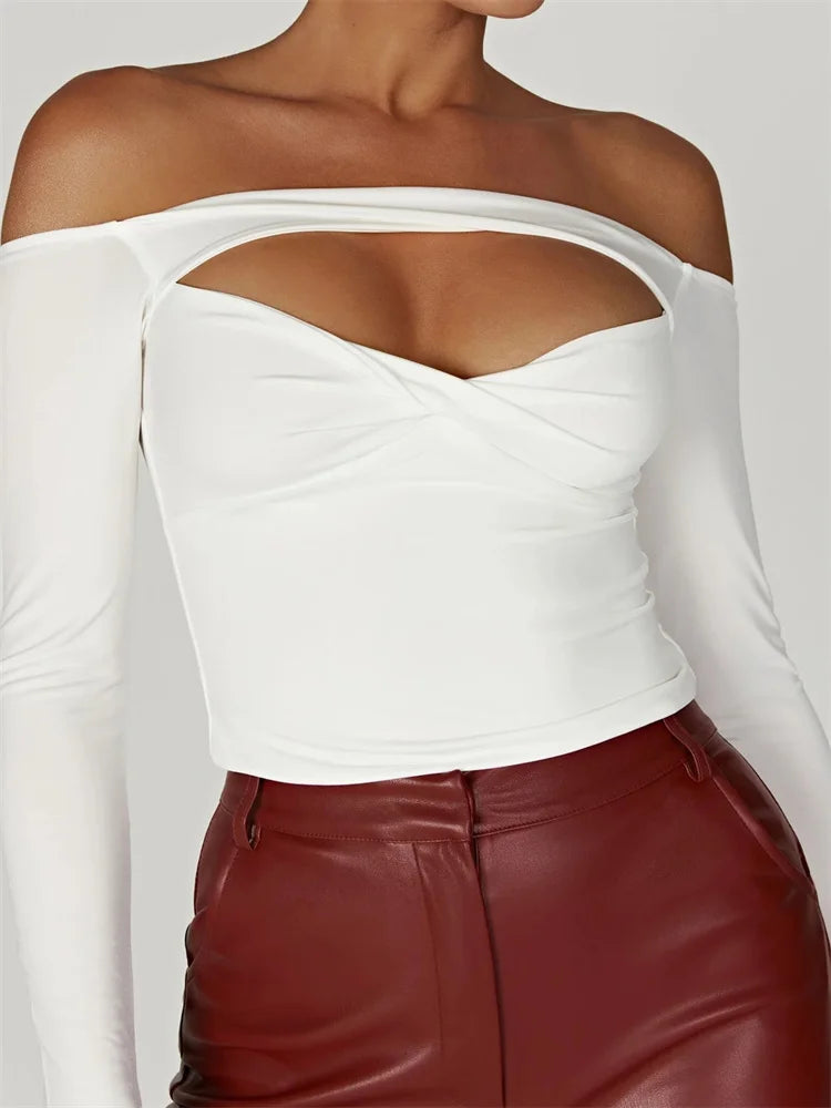 FashionSierra - Front Cutout Sexy Long Sleeve Streetwear Slash Neck Off Shoulder Bodycon Solid Tee