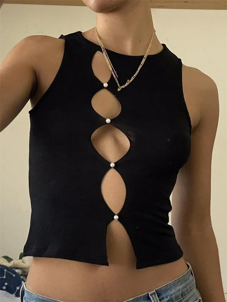 FashionSierra - 2025 Hollow Out Cropped Summer  Sleeveless Irregular Buttons Up Black Solid Mini Vest Club Streetwear Crop Tops