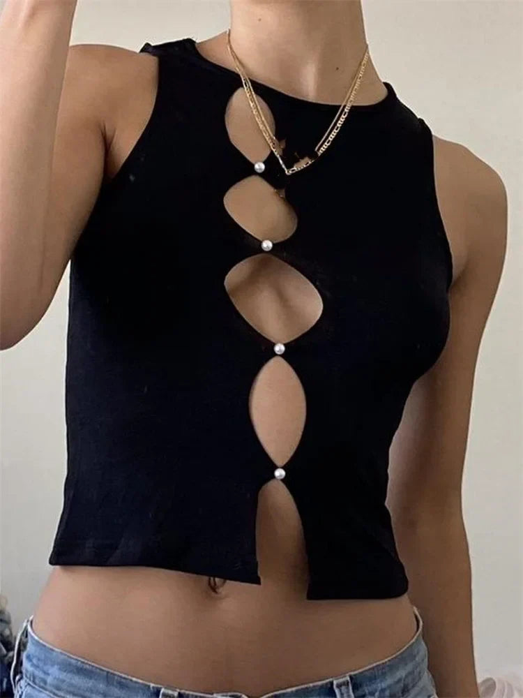 FashionSierra - 2025 Hollow Out Cropped Summer  Sleeveless Irregular Buttons Up Black Solid Mini Vest Club Streetwear Crop Tops