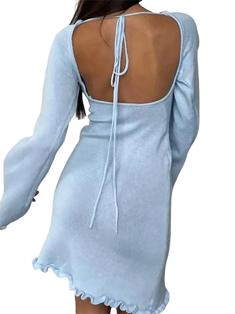 FashionSierra - Knitted Long Flare Sleeve Mini Dress