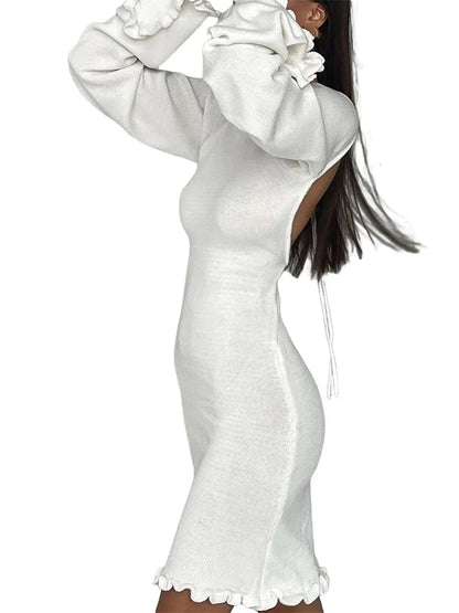 FashionSierra - Knitted Long Flare Sleeve Mini Dress
