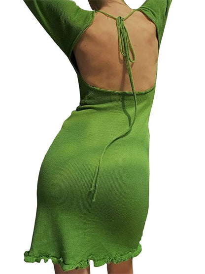 FashionSierra - Knitted Long Flare Sleeve Mini Dress