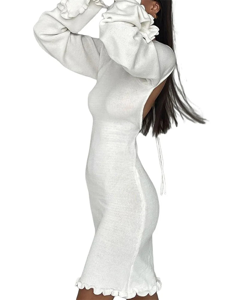 FashionSierra - Knitted Long Flare Sleeve Mini Dress