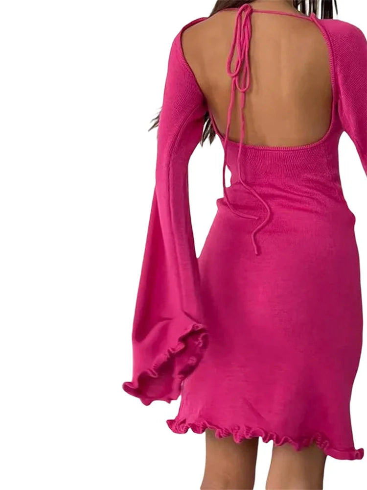 FashionSierra - Knitted Long Flare Sleeve Mini Dress