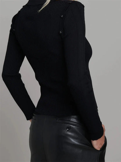 FashionSierra - Knitted Ribbed Long Sleeve Casual for Women Spring Autumn Solid Slim Fit V-neck Streetwear Tee