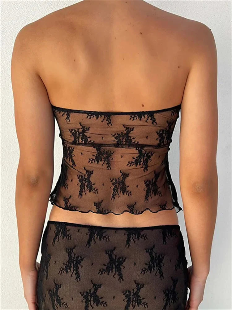 FashionSierra - 2025 Bustiers Corsets Strapless Off Shoulder Party Clubwear Mesh See Through Mini Vest  New Crop Tops