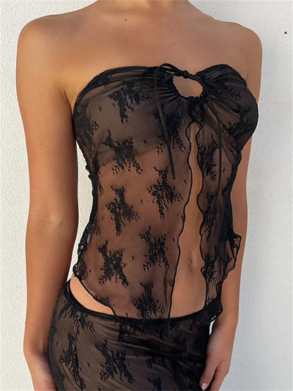 FashionSierra - 2025 Bustiers Corsets Strapless Off Shoulder Party Clubwear Mesh See Through Mini Vest  New Crop Tops