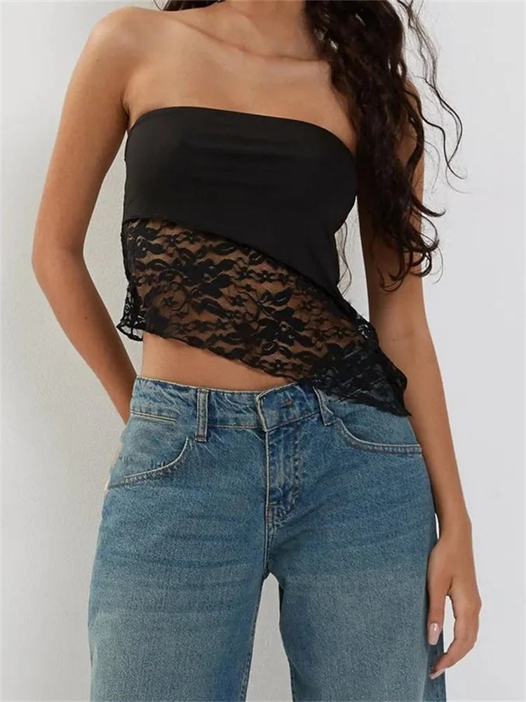 FashionSierra - 2025 Floral Patchwork Tube Top Party Clubwear Cropped Strapless Off Shoulder Irregular Hem Vest Crop Tops