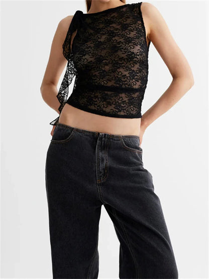FashionSierra - 2025 Lace Floral See Through Tank for Women Mesh Sheer Sleeveless Tassels Sexy Black Slim Mini Vests Streetwear  Crop Tops