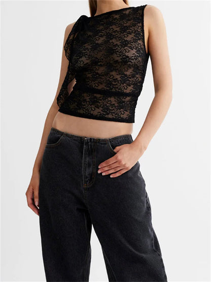 FashionSierra - 2025 Lace Floral See Through Tank for Women Mesh Sheer Sleeveless Tassels Sexy Black Slim Mini Vests Streetwear  Crop Tops