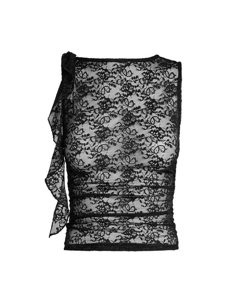 FashionSierra - 2025 Lace Floral See Through Tank for Women Mesh Sheer Sleeveless Tassels Sexy Black Slim Mini Vests Streetwear  Crop Tops