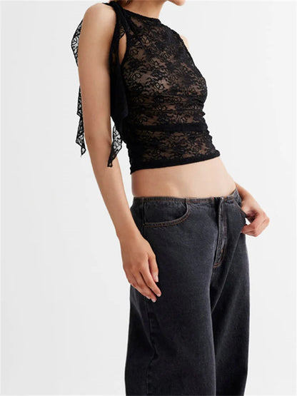 FashionSierra - 2025 Lace Floral See Through Tank for Women Mesh Sheer Sleeveless Tassels Sexy Black Slim Mini Vests Streetwear  Crop Tops