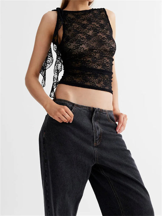 FashionSierra - 2025 Lace Floral See Through Tank for Women Mesh Sheer Sleeveless Tassels Sexy Black Slim Mini Vests Streetwear  Crop Tops