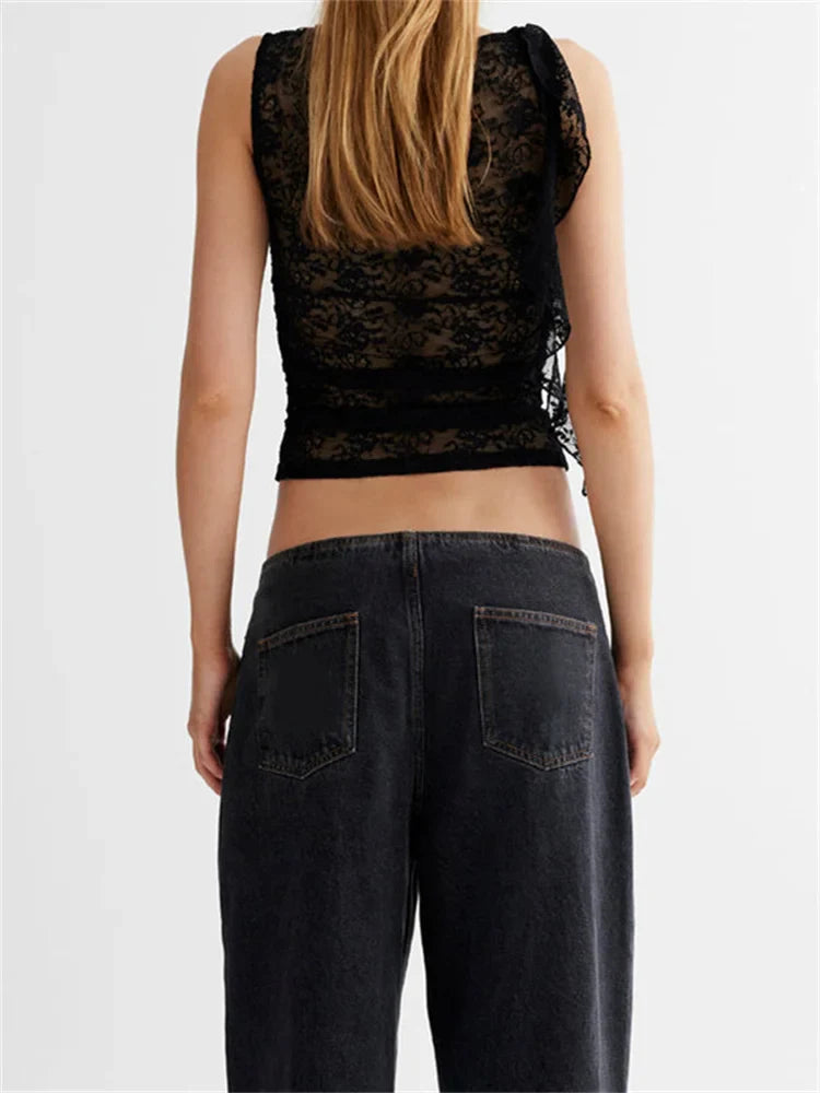 FashionSierra - 2025 Lace Floral See Through Tank for Women Mesh Sheer Sleeveless Tassels Sexy Black Slim Mini Vests Streetwear  Crop Tops