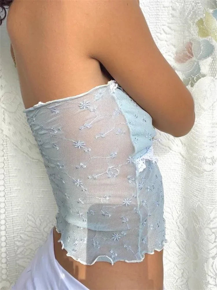 FashionSierra - 2025 Mesh Patchwork Y2K Retro Tube Cropped Clubwear Summer  Sexy See Through Strapless Tank Mini Vest Crop Tops