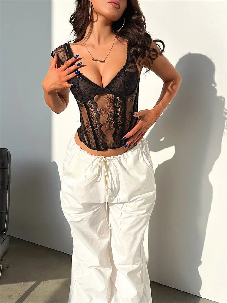 FashionSierra - 2025 Mesh Sheer Bustiers Summer Sleeveless Strap V Neck Vest Women Basic Tank for Party Streetwear Crop Tops