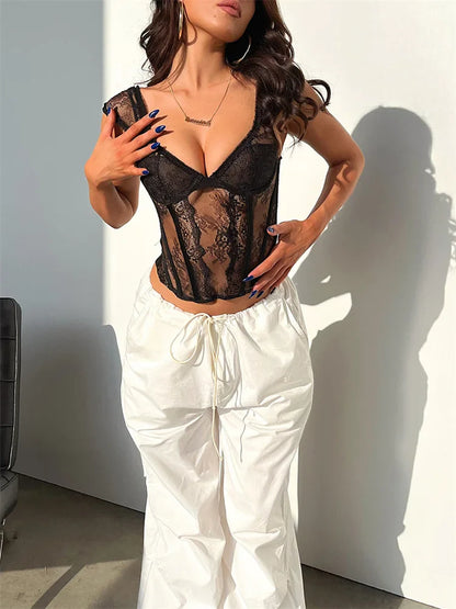 FashionSierra - 2025 Mesh Sheer Bustiers Summer Sleeveless Strap V Neck Vest Women Basic Tank for Party Streetwear Crop Tops