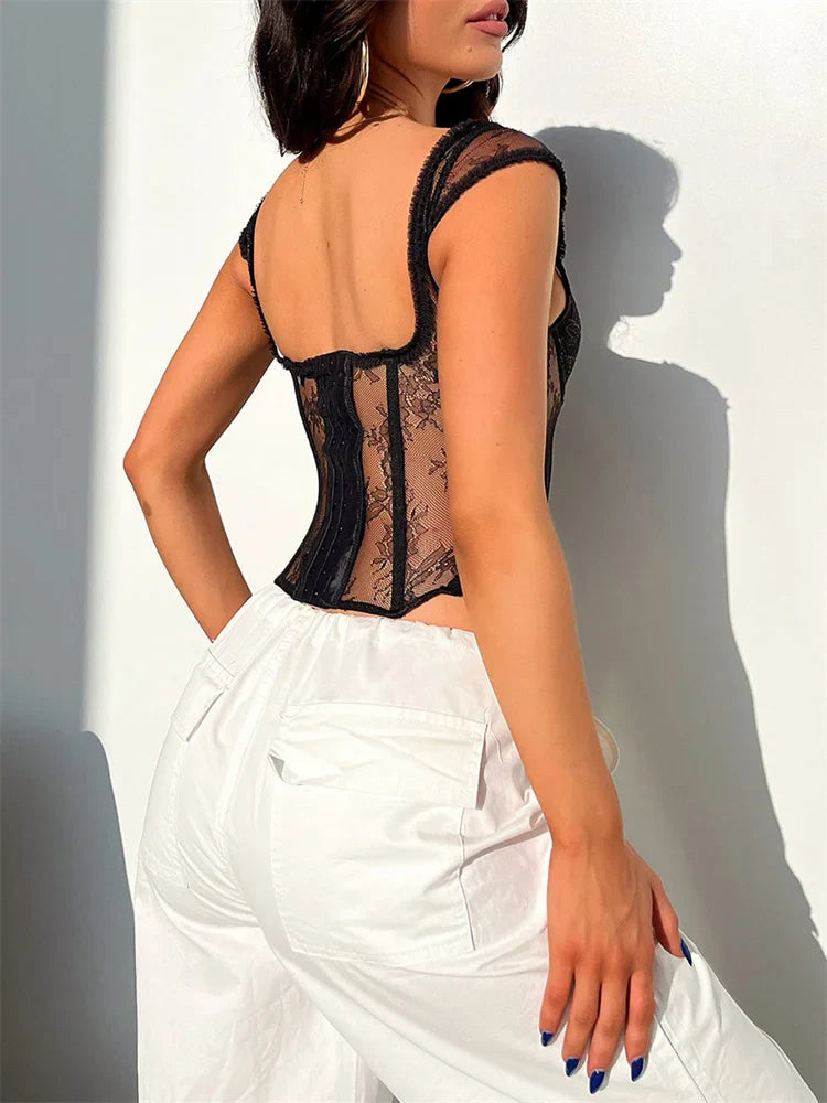FashionSierra - 2025 Mesh Sheer Bustiers Summer Sleeveless Strap V Neck Vest Women Basic Tank for Party Streetwear Crop Tops