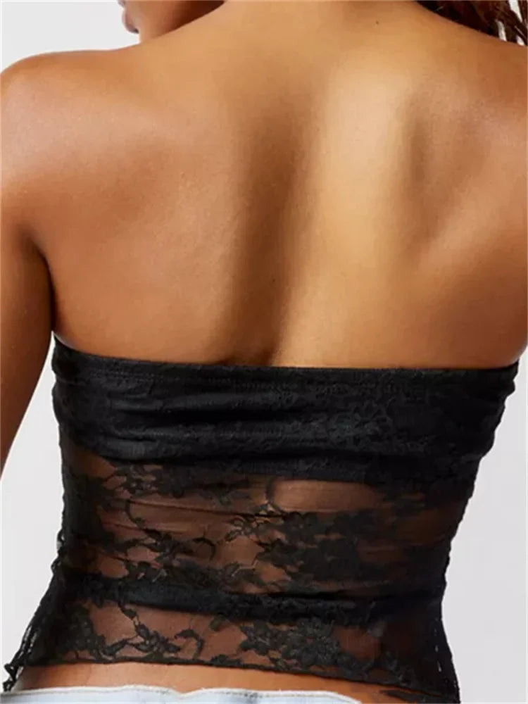 FashionSierra - 2025 Strapless Off Shoulder Corsets Tube Party Mesh See Through Irregular Hem Mini Vest  Crop Tops