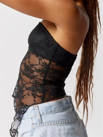 FashionSierra - 2025 Strapless Off Shoulder Corsets Tube Party Mesh See Through Irregular Hem Mini Vest  Crop Tops