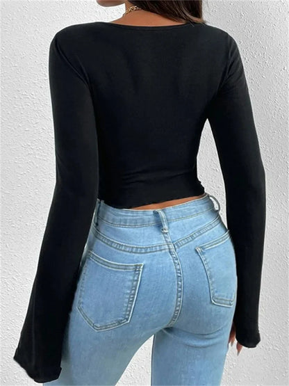 FashionSierra - Long Flare Sleeve V-neck Low Cut for Women Front Ruched Criss-cross Solid Slim Fit Irregular Hem Tee