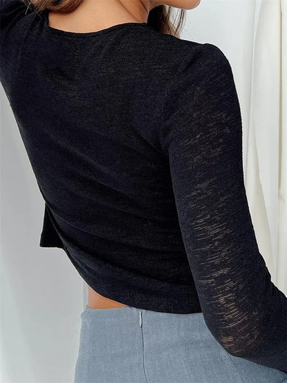 FashionSierra - Long Sleeve See Through Front Buttons Up for Women Summer Autumn Streetwear Solid Slim Basic Tee