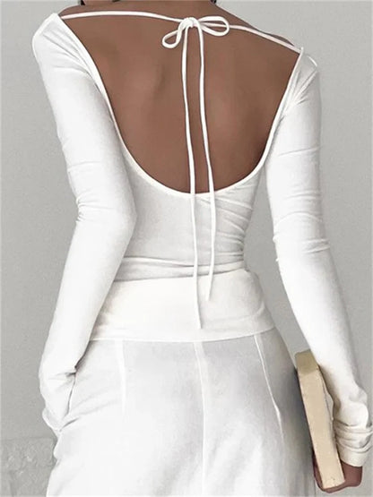 FashionSierra - Low Cut Ruched Off Shoulder for Women Slim Fit Solid Backless Tie-up Casual Streetwear Tee