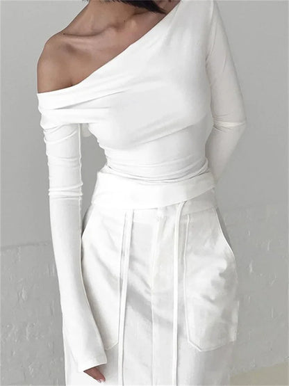 FashionSierra - Low Cut Ruched Off Shoulder for Women Slim Fit Solid Backless Tie-up Casual Streetwear Tee