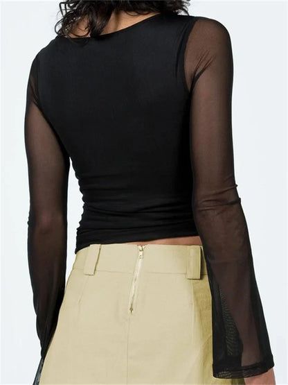 FashionSierra - Mesh See Through Long Sleeve Ruched for Women Low Cut Hollow Out Lace-up Clubwear Tee