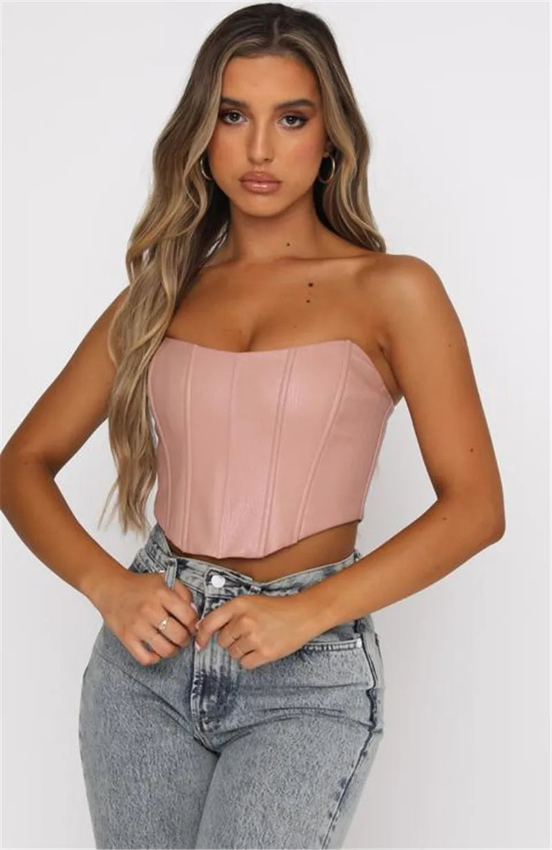 FashionSierra - 2025 PU Leather Tube Bustiers Corsets Strapless Off Shoulder Tank Vest Bodycon Slim Push Up Outwear Crop Tops