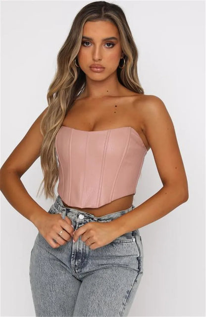 FashionSierra - 2025 PU Leather Tube Bustiers Corsets Strapless Off Shoulder Tank Vest Bodycon Slim Push Up Outwear Crop Tops